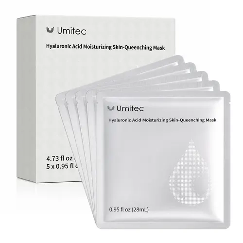 Umitec Hyaluronic Acid Hydrating Sheet Mask - 5 Individually Sealed Packs (28mL Each) with Polyglutamic Acid, Panthenol, Lightweight Formula for Dry Skin - 10-15 Min Application, Hydration Boost, Daily Skincare