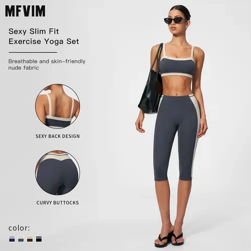 MFVIM Women's 2-Piece High Stretch Sporty Gymswear Set - Nude-Feel Skin-Friendly Color-Block Low-Cut Thin-Strap Shock-Absorbing Yoga Bra, V-Shaped Peach Butt 7/8 Compression Leggings, Gym Yoga Outfit Workout Sets Women, Travel Essential
