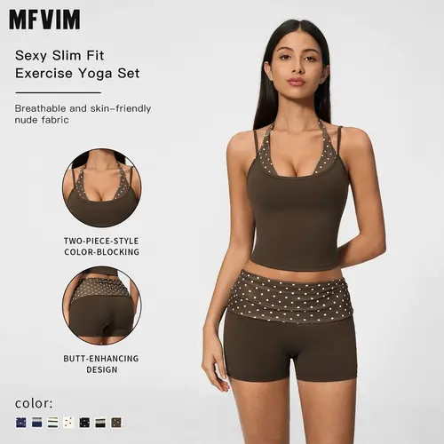 MFVIM Women's 2-Piece Matching Workout Set - Color-Block Double-Layer Halter Tank Top & High-Waisted Butt-Lifting Athletic Shorts, Nude-Feel Female Gym Workout Apparel, Travel Essential, Workout Sets Women