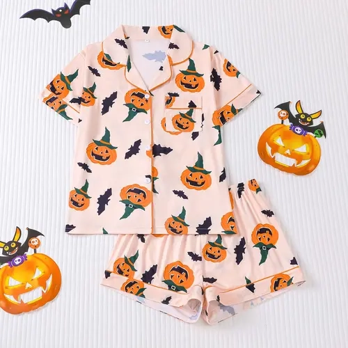 Women Halloween Print Lapel Collar Pajama Set, Casual Soft Short Sleeve Top & Shorts Sleepwear, Ladies All Season Loungewear PJs