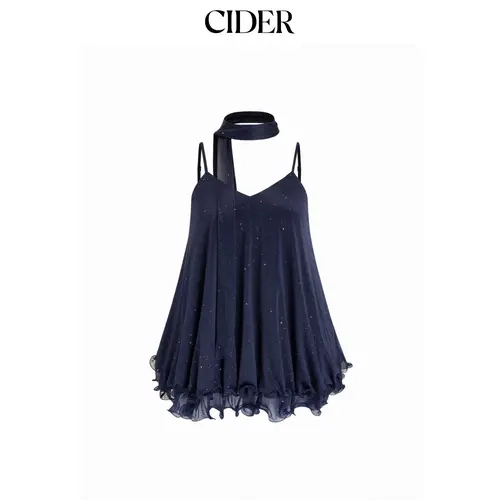 Cider Sequin V-Neck Halter Ruffled Hem Oversized Mini Dress With Scarf