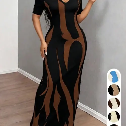 Bodycon Slimming Dress, European Style Sexy Mature Look, Deep V Short Sleeve Elegant Dress, Vintage Print Fitted Dress, Birthday Party Long Dress, Women