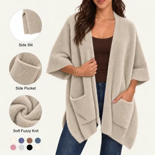 Imily Bela 2026 Fall New In Women Cozy Plush Knit Cardigan Oversized Casual Kimono Cover Up with Side Pockets