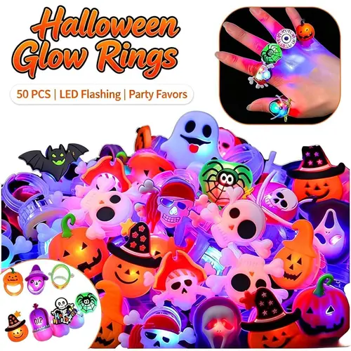 50pcs Glow Flashing LED Halloween Rings with LED Lights, Child Festive Party Favors, Halloween Goody Bag Basket Stuffers Fillers