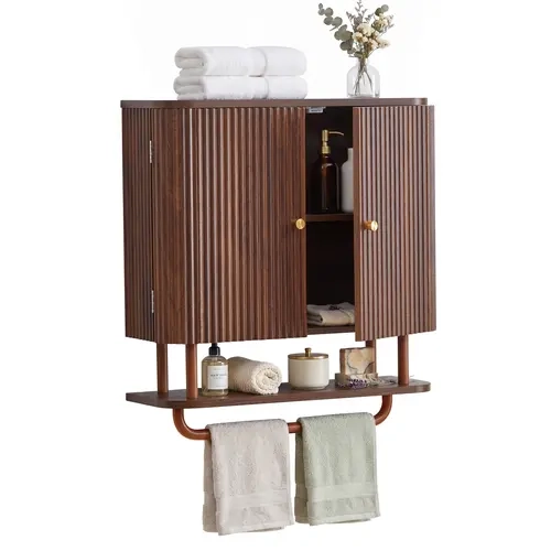 Giratree 24'' Fluted Wall Mounted Bathroom Cabinet with Towel Bar and Adjustable Shelf, MDF Medicine Hanging Storage Organizer Cupboard with 2 Doors for Above Toilet Laundry Room Kitchen