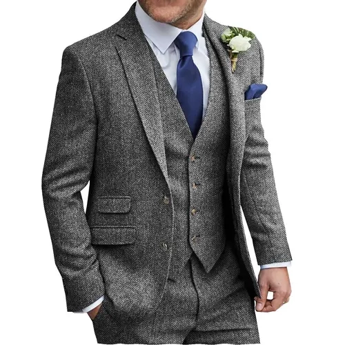 Men's 3-Piece Vintage Tweed Herringbone Suit Perfect for Business Meetings Weddings Formal Events SpringStatements Long Sleeve Beige Menswear