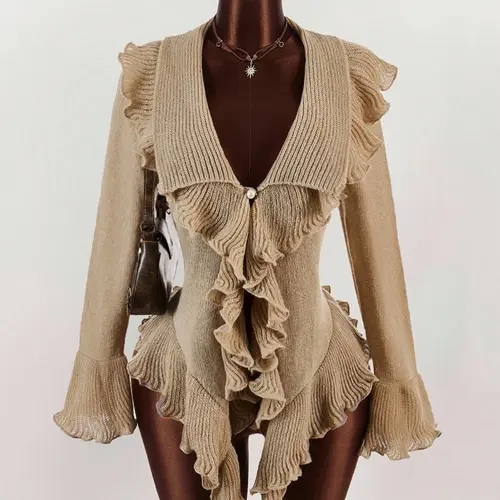 Y2K Women's Fashionable Sweet Ruffle Flare Sleeve Cardigan, Autumn/Winter Thanksgiving