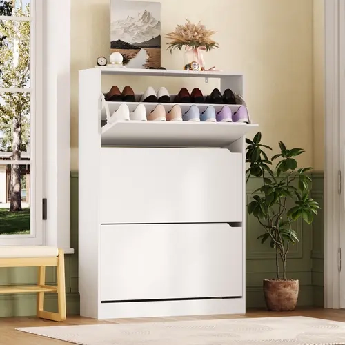 Wooden Freestanding Durable Shoe Storage Cabinet - Heavy-Duty Shoe Rack Organizer, 3 Flip Drawers, Hidden Door, 2-Layer Adjustable Shelves, Thin Slim Profile Entryway Organizer, Holds 24 Pairs, Labeled Hardware, Detailed Instructions