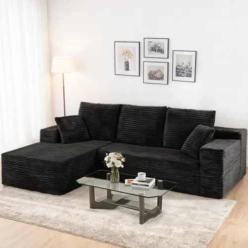 Niccae 3-Seat Fixed-Arm L-Shaped Modular Corduroy Fabric Sofa, Vacuum-Pack Quick Set-Up Floor Couch with Full Sponge & Chaise Lounge for Living Room, Apartment (1-Pack)