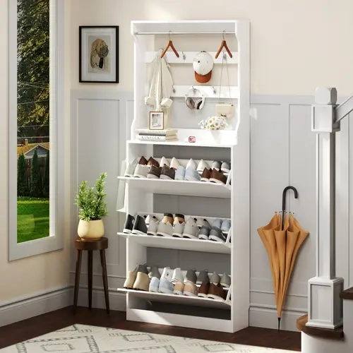 Modern 2-in-1 P2 Wood & ABS Hall Tree Shoe Rack Organizer - Single Unit Home Goods, 31.5 x 9.25" Slim Profile Entryway Room Storage Unit with Adjustable Panels, 3 Flip Drawers, Hats/Bags Hooks, Assembly Required