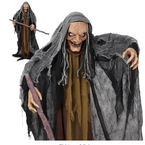 Ubesgoo 5.3FT-7FT Fabric/Plastic Lightweight Witch Theme Halloween Decorations, Animatronic Scary Crone with Red Glowing Eyes, Wrinkled Face, Sound-Triggered Battery-Powered Effects (Batteries Included) for Outdoor Garden Lawn, Door Display