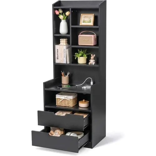 Karl Home Modern Tall Black Pine Metal LED Nightstand - Single Rectangular RGB Light Unit with Charging Station, Drawers, Power Outlets, Adjustable Shelves, Handleless Design, Side Coat Hooks, LED Bedside Tables, Furniture for Bedroom