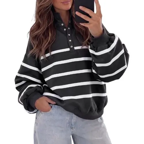 Fisoew Women's Striped Preppy Style Fleece Polo Collar Sweatshirt - Lightweight Soft, Half-Button Henley Neck, Oversized Drop Shoulder, Balloon Long Sleeve, Ribbed Elastic Hem, Modest Casual Pullover Top (Relaxed Fit)