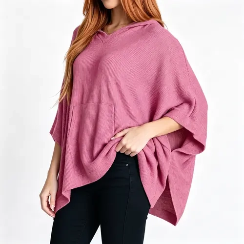 Shewin Women's Lightweight Solid Knitting Fabric Hoodie Top - Soft, Breathable, Oversized V-Neck Half-Sleeve Loose Basic Waffle Knit Pullover with Pocket, Side Slits, Viscose-Polyester-Elastane Casual Top