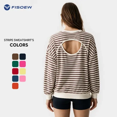 Fisoew Women's Crewneck Sweatshirt Casual Lightweight Chic, Horizontal Stripe Back Oval Cutout Pullover, Oversized Drop Shoulder Soft Fleece Breathable Ribbed Top for Spring Fall Streetwear & Plus Size Ladies