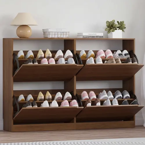Freestanding Shoe Rack Organizer - Narrow 4-Drawer P2 Engineered Oak Wood Single Unit, Sturdy Small Space Indoor Furniture with Shoe Compartment, Hidden Handle, Adjustable Panels, Anti-Tip Device for Hallway, Entryway