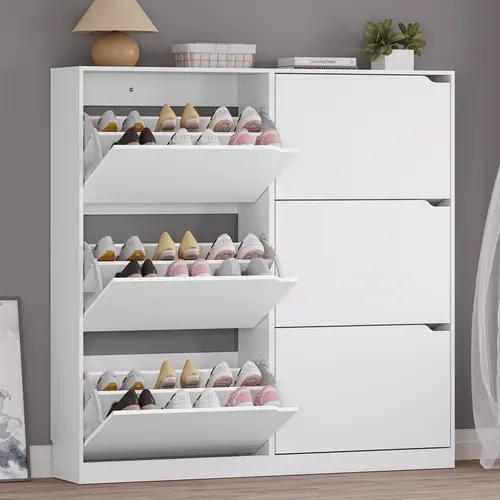 Wooden Narrow Shoe Rack Organizer - Sturdy Freestanding 6-Drawer Flip-Open Unit, 2-Layer Expandable, 36 Pair Hold, Adjustable Shelves, Embedded Door Handle, Anti-Tip Base, Wall-Compatible, 47.24"x9.45"x46.85" Hidden Storage Cabinet for Entryway