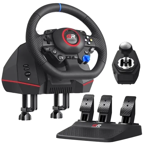 Gaming Steering Wheel Racing Simulator Wheel Controller, 1.28cm Hand-Stitched Leather, 270°-900° Angle Adjustable, Force Feedback, Hall-Effect Pedals, RGB Lighting, Programmable Macro, Micro USB, Compatible with PS5/PS4/PC, Racing Simulator Wheel Controll