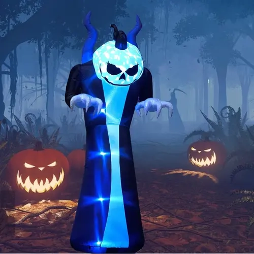 Ubesgoo 12FT Waterproof Polyester Halloween Inflatable Grim Reaper Decoration - Pumpkin Face, 3-Color LED Flames Light, Garden & Holiday Party Spooky Decor