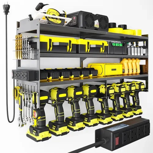 Sweetcrispy Heavy-Duty Thick Steel Wall-Mount Large Power Tool Organizer with Charging Hub, 4-Layer Storage Organization Rack (600lbs Load), 8 Cordless Drill Holders, 4 Power Strip Battery Utility Holders, Side Hooks, Multi-Compartment Tool Racks & Bars