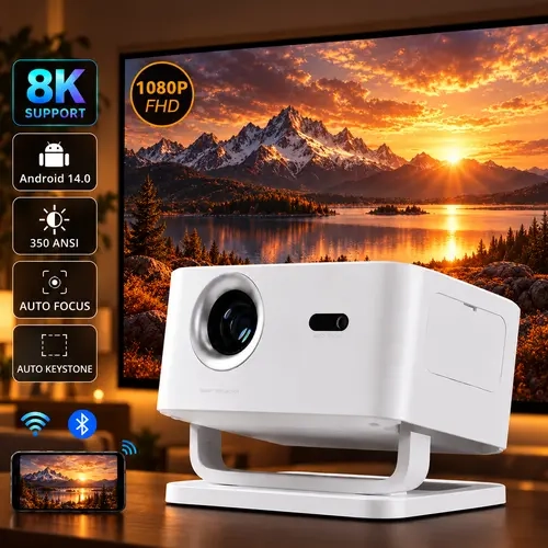 Qawtor 1080P Smart Projector with Android 14, 1200 ANSI Portable Home Theater Projector, WiFi 6 Bluetooth 5.4, Auto Focus & Auto Keystone Correction, 130" Large Screen Movie Projector for Bedroom, Gaming & Outdoor Cinema