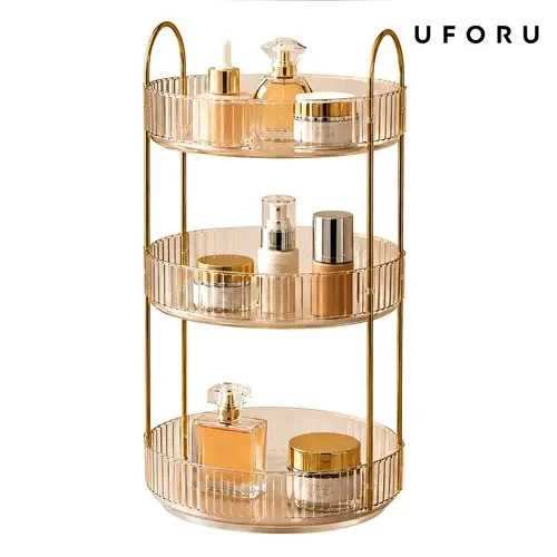 UFORU 3-Layer Standing Plastic Bathroom Accessories Organizer - Gold Metal Pole, Thick Base, High Edges, Large Capacity Smooth Transparent-Circular Tray Holder, Easy Assembly, 13.6x9.84x20.47in Home Goods Corner Shelf