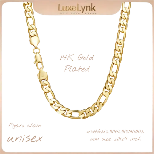 14K Gold-Plated Figaro Chain. Widths: 2/2.5/4/6.5/8/9/10/12mm. Lengths: 20/24 inches. Unisex; suitable for casual daily wear and versatile styling.