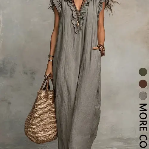 Women's Loose Sleeveless Long Dress, Ruffle Trim V-Neck, Side Pockets, Casual Flowy Summer Dress Split Hem, Straight Cut Midi Dress