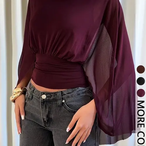 Round Neck Split Flare Long Sleeve Crop Top For Women Gathered Waist Slimming Blouse See Through Panel Sleeve Ruched Waist Figure Friendly Short Shirt Elegant Daily Date Brunch Vacation Versatile Layering Tops For Women All Occasions Blouses Shirts