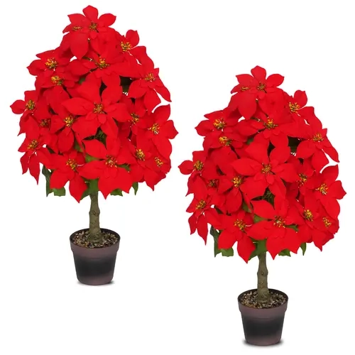 LVZHIYUAN Decorative Artificial Poinsettia Plants - 2 Pcs 3-ft Christmas Red Potted Decor, Home Decor Items, Christmas Decoration, Daily Decoration, Includes Decorative Pebbles & Planter, Indoor/Outdoor Balcony Use