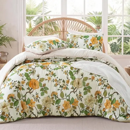【SohoChic】Decorative Breathable Quilt Set with Pillow Shams, Reversible Botanical Flower Printed Microfiber Bedding, Soft Lightweight, Easy-Care Machine-Washable, All-Season Home Bedroom Use, Multi-Size, Decorative Bedding Set