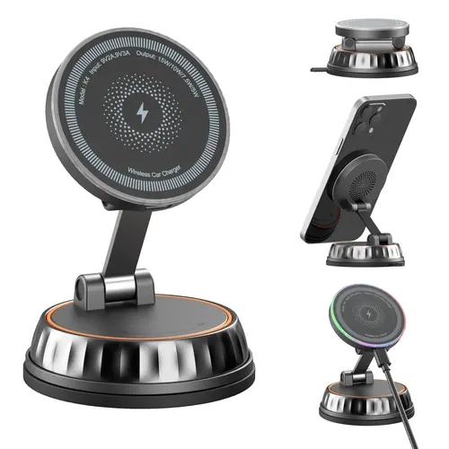 15W Magnetic Wireless Car Phone Mount Charging Accessory - Upgraded Toolless Vacuum Suction Nano Gel Holder, 360° Base Rotation, 120lb Hold, Magnetic Snap, Fast Charging for iPhone & Samsung, Phone Charging Accessories for Drivers