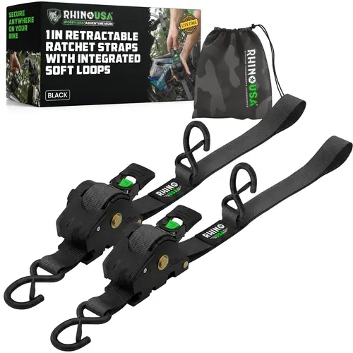 Rhino USA Retractable Motorcycle Tie Down Straps with Integrated Soft Loops & Safety Clip S-Hooks – Heavy Duty Motorcycle Ratchet Straps for Motorcycles, Dirt Bikes, UTVs & Powersports