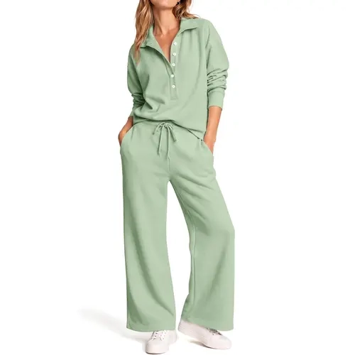 Fisoew Women's 2-Piece Oversized Waffle Knit Casual Lounge Set - Long Sleeve Collar Half-Button Henley Top, Elastic Drawstring High-Waist Wide-Leg Loose Sweatpants, Boxy Plus Size Clothes, Chocolate/Mint Tracksuit, Adjustable Lightweight Fabric