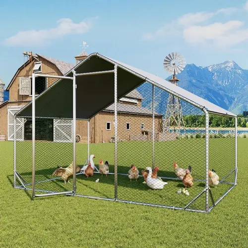 Large Metal Poultry Coop - Chicken Cage Enclosed, Hex Mesh Cover, Double-Sided Coated PE Cover, Galvanized Steel Build, 420D Oxford Fabric Roof, Security Lock, Coated Metal, Long-Lasting, Weatherproof, Predator-Safe for Yard, Farm