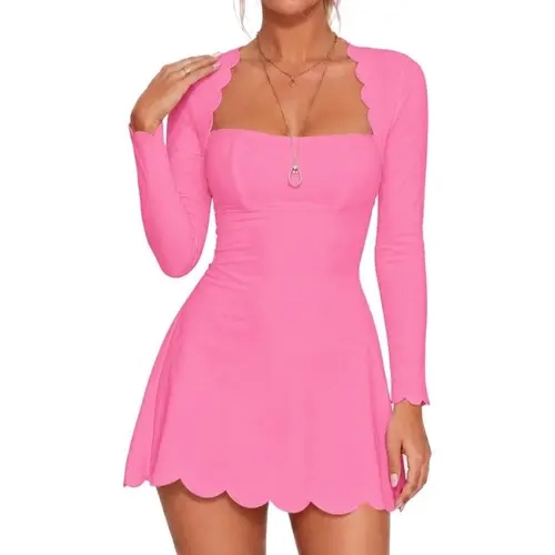 Fisoew Women's Minimalist Elegant Feminine Jersey Fit Bodycon Basic Waist-Cinched Scalloped Square Neck Long Sleeve Skin-Friendly A-Line Skater Dress - Pink Mini Casual Club Party Wear