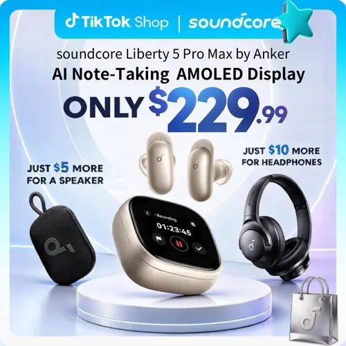 soundcore Anker Liberty 5 Pro Max Wireless Earbuds, Exclusive Limited: Add $5/$10 for Extra Premium Gift, AI Note-Taker for In-Person Meetings, Whisper-Clear Calls, Active Noise Cancelling, 1.78" AMOLED Smart5 Mins Charge = 4 Hrs Playtime