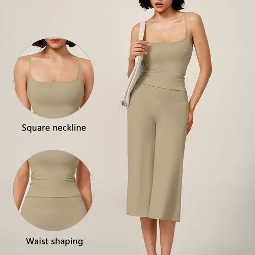 [TIMEOFF] Female Normal Type 2-Piece Athleisure Gym Clothes Set, Women's Square Neck Crop Cami & High-Waist Wide Leg Pants, 4-Way Stretch Polyamid Fabric (78% Polyamide, 22% Elastane), All-Season Athletic Set for Gym & Casual Loungewear, Do Not Dry Clean