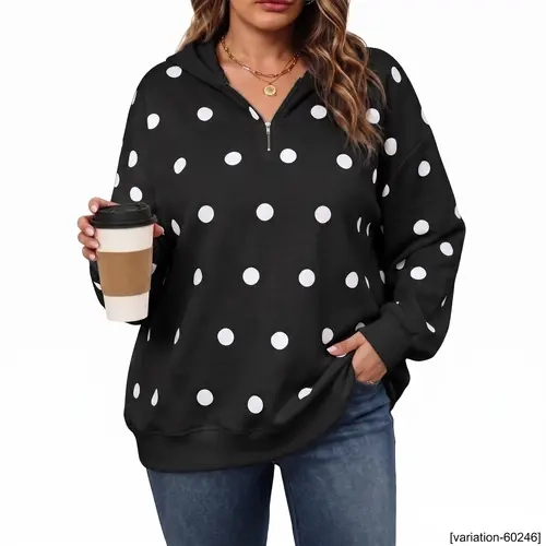 Eytino Plus Size Polka Dot / Checkered / Cow Spot Pattern Quarter Zip Drop Shoulder Loose Hoodie 2026 Fall Hooded Pullover Tops For Curvy Women (1X-5X) Sweatshirts