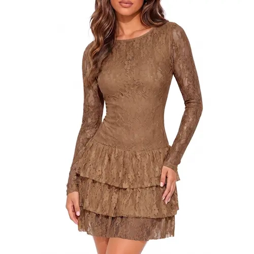 Wenrine Women's Elegant Slim Long Sleeve Dark Lace Tiered Ruffle Formal Mini Dress - Lady's Classy Formal Wear, Sexy Elegant Dresses for Women, High Waist, Crew Neck, Zipper Back, Built-in Shorts, Fall Spring Wear, Birthday Outfits