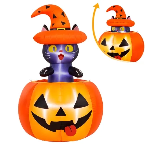 5/10FT Halloween Inflatable Decorations, Pumpkin Arch & Stretchable Cat with LED Lights, Blow Up Halloween Yard Decor for Lawn, Garden, Outdoor Party