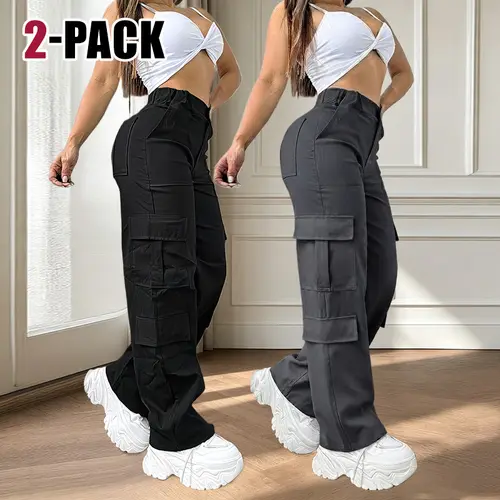 Women's 2-Pack Basic Solid Foldable Casual Minimalist Loose Trousers, All-Season Casual Bottoms for Weekend Outings, Activewear Pants, Casual Minimalist Pants