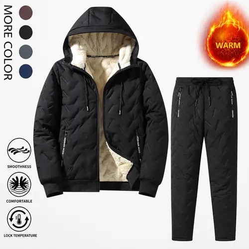 Men's Sherpa Fleece Lined Tracksuit Set - Hooded Zip Jacket & Matching Pants, Thermal Warm Clothes, Polyester, Casual, Sporty Chic, Machine Wash, Soft, Durable, Stylish, Relaxed, Modern Urban Vibe
