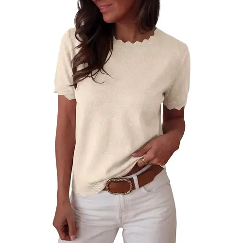 ANRABESS Womens Short Sleeve Sweater Summer Sweater Tops Dressy Scalloped Edge Relaxed Fit Business Casual Travel Outfits 2026