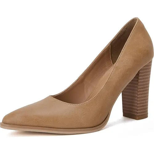 Coutgo Women's PU Leather Pumps - Chic Pointed Toe Chunky Block High Heels, Lightweight Slip-On Dress Formal Shoes, Elegant Party Footwear for All-Season Wear