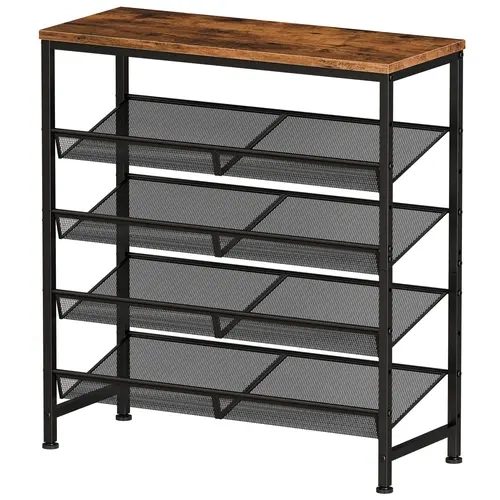 Sweetcrispy Heavy-Duty Metal 5-Tier Freestanding Shoe Rack Organizer, Adjustable Mesh Shelves with Wooden Top, Holder Stand Ladder Rack Shoe Storage for Entryway, Bedroom (Holds 16-20 Pairs), Holder Stand Shoe Storage