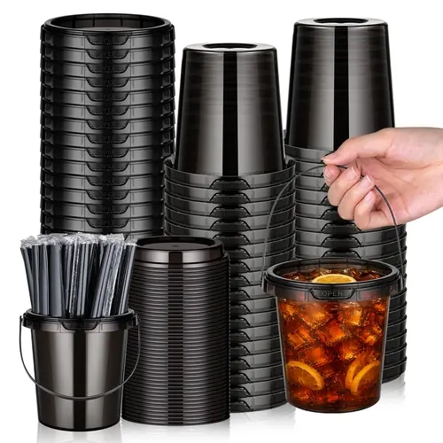 24oz Black PP Plastic Drink Cups Kit (30-Set) - Lightweight, Reusable, Leak-Proof with Lids, Straws & Handles, Festival Party Supplies for Parties, Baby Shower Event Hosts