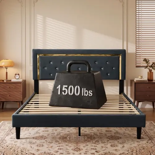 【Deals For You】Ovios Queen Upholstered Platform Bed Frame, Supports Up to 1500 lbs, No Box Spring Needed, Noise-Free Wood Slat Support, Easy Assembly, Robot Vacuum Friendly, Modern Heavy Duty Bed Frame