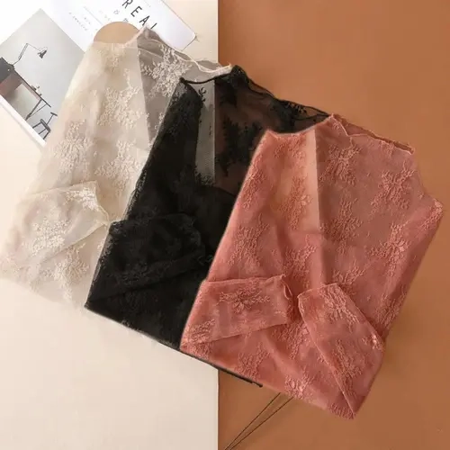 Women's 2/3/5 Pack Elegant Lace Longsleeves Tops - Polyester Blend, Chic Solid, Semi-Sheer, High Stretch, Contrast Lace Detailing, Collared, Machine Washable Dressy Blouses for Sports & Outdoor Activities, Women's Tops
