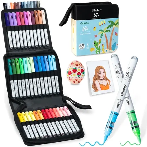 【Back to school shopping】Ohuhu Acrylic Paint Markers: Brush Tip -  48 Colors - Waterproof Flexible Tip Acrylic Markers, Premium Paint Pens for Various Surfaces, Markers for Coloring, Art Supplies, Acrylic Marker, Summersale - Ulu Series of Ohuhu